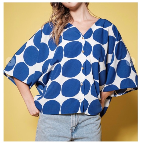 12 Boho V-Neck Dotted Three-Quarters Sleeve Blouse Top - Picture 2 of 4